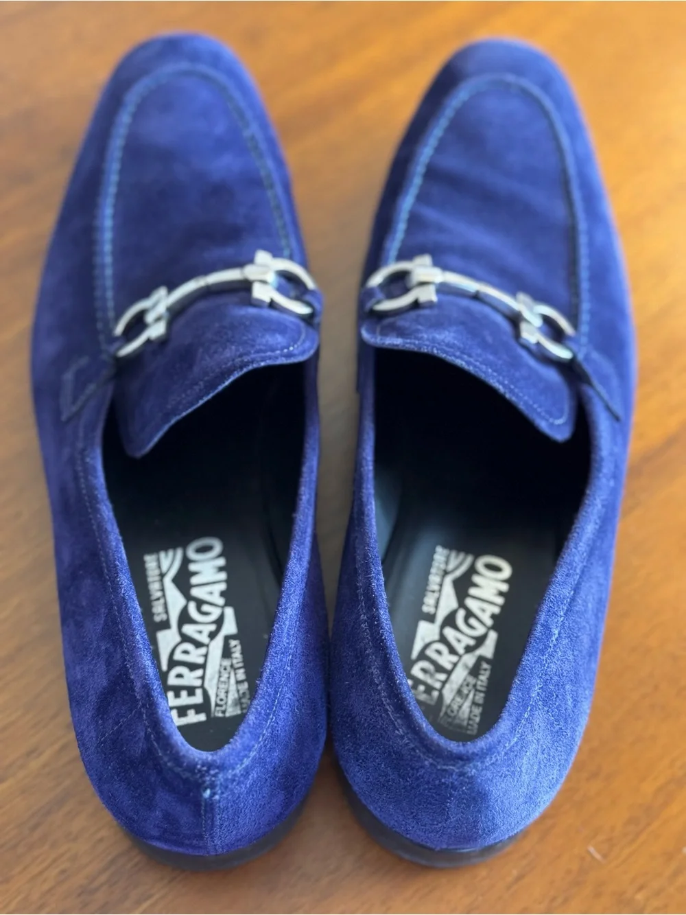 Salvatore Ferragamo Blue Suede Gancini Bit Loafers - Size 9 D